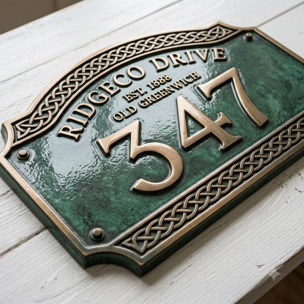 Hausnummernschild aus Aluminiumguss – Traditionelles grünes Adressschild mit erhöhten goldenen Ziffern