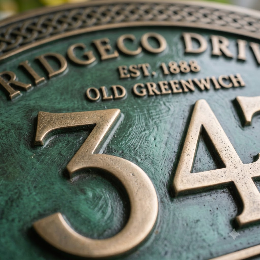 Hausnummernschild aus Aluminiumguss – Traditionelles grünes Adressschild mit erhöhten goldenen Ziffern