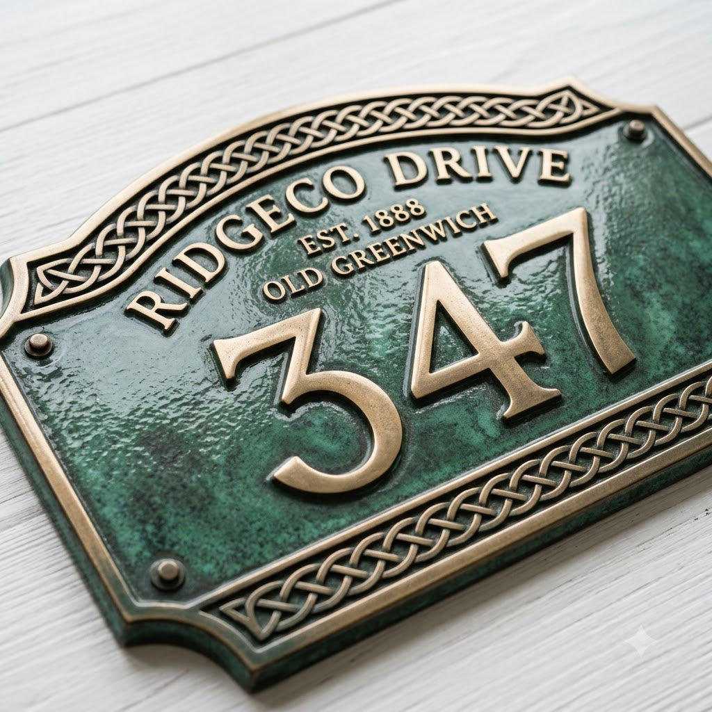 Hausnummernschild aus Aluminiumguss – Traditionelles grünes Adressschild mit erhöhten goldenen Ziffern