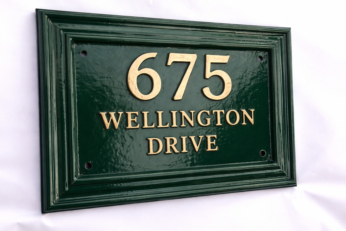 Cast Aluminum House Number Plaque – Traditional Green Address Sign with Raised Gold Numbers