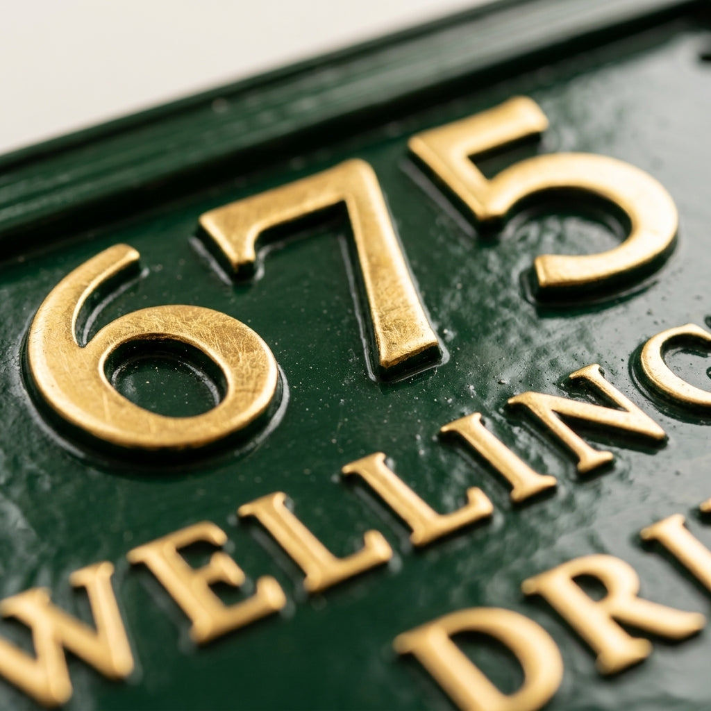 Hausnummernschild aus Aluminiumguss – Traditionelles grünes Adressschild mit erhöhten goldenen Ziffern