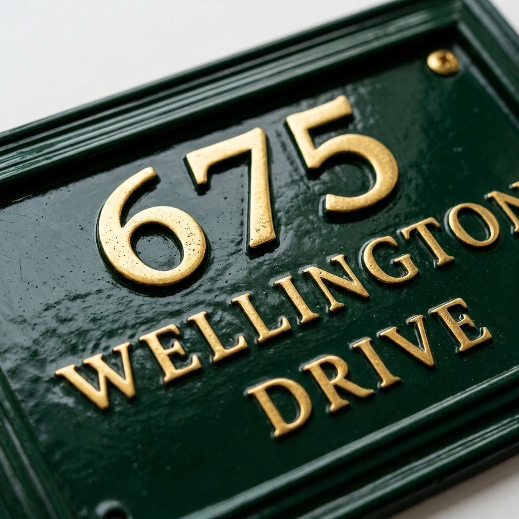 Cast Aluminum House Number Plaque – Traditional Green Address Sign with Raised Gold Numbers