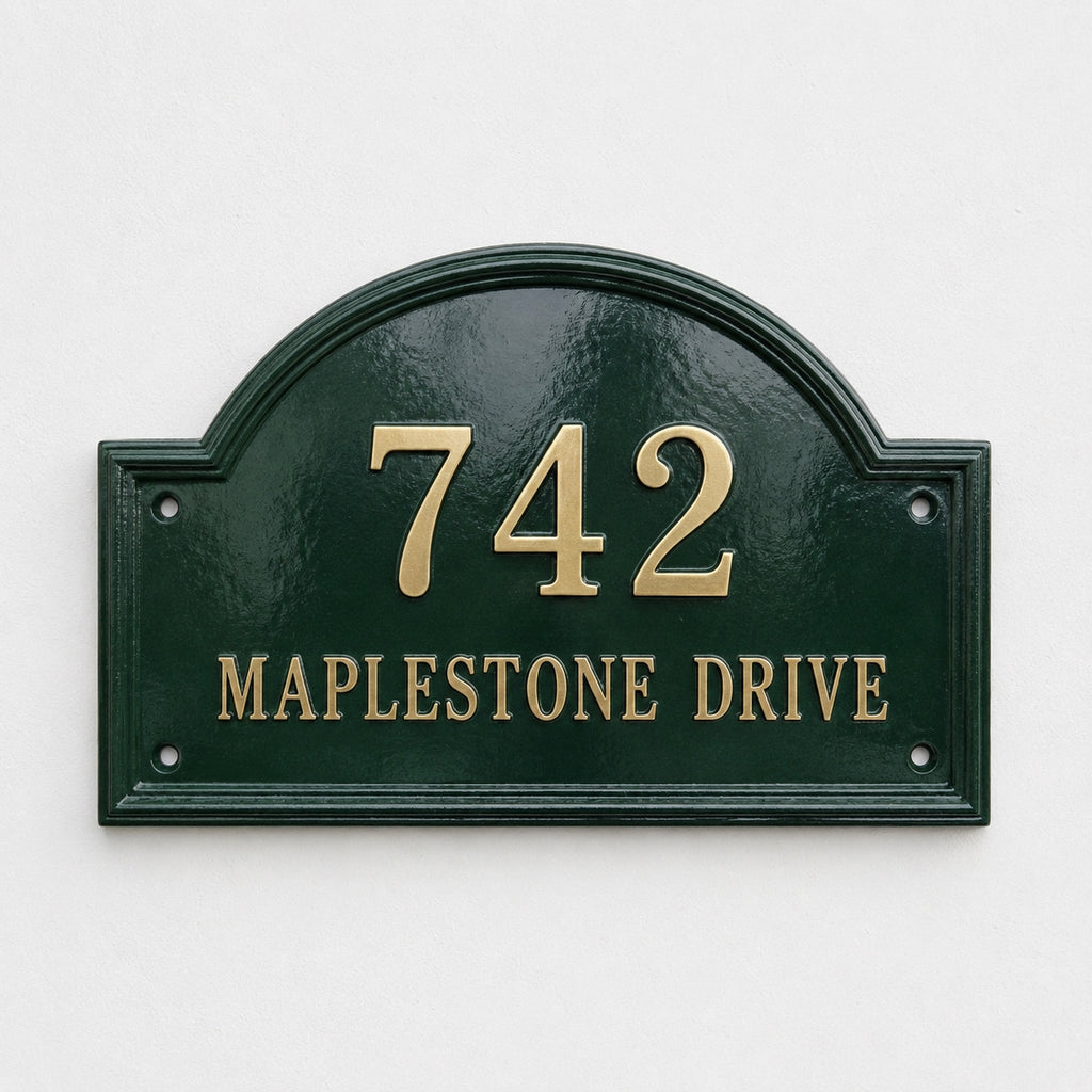 Heritage Arch Hausnummernschild aus Aluminiumguss – Personalisiertes, handgefertigtes Hausschild
