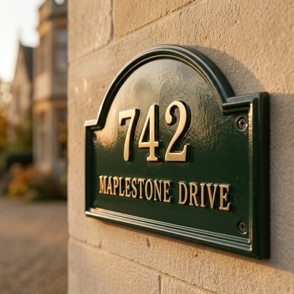 Heritage Arch Hausnummernschild aus Aluminiumguss – Personalisiertes, handgefertigtes Hausschild