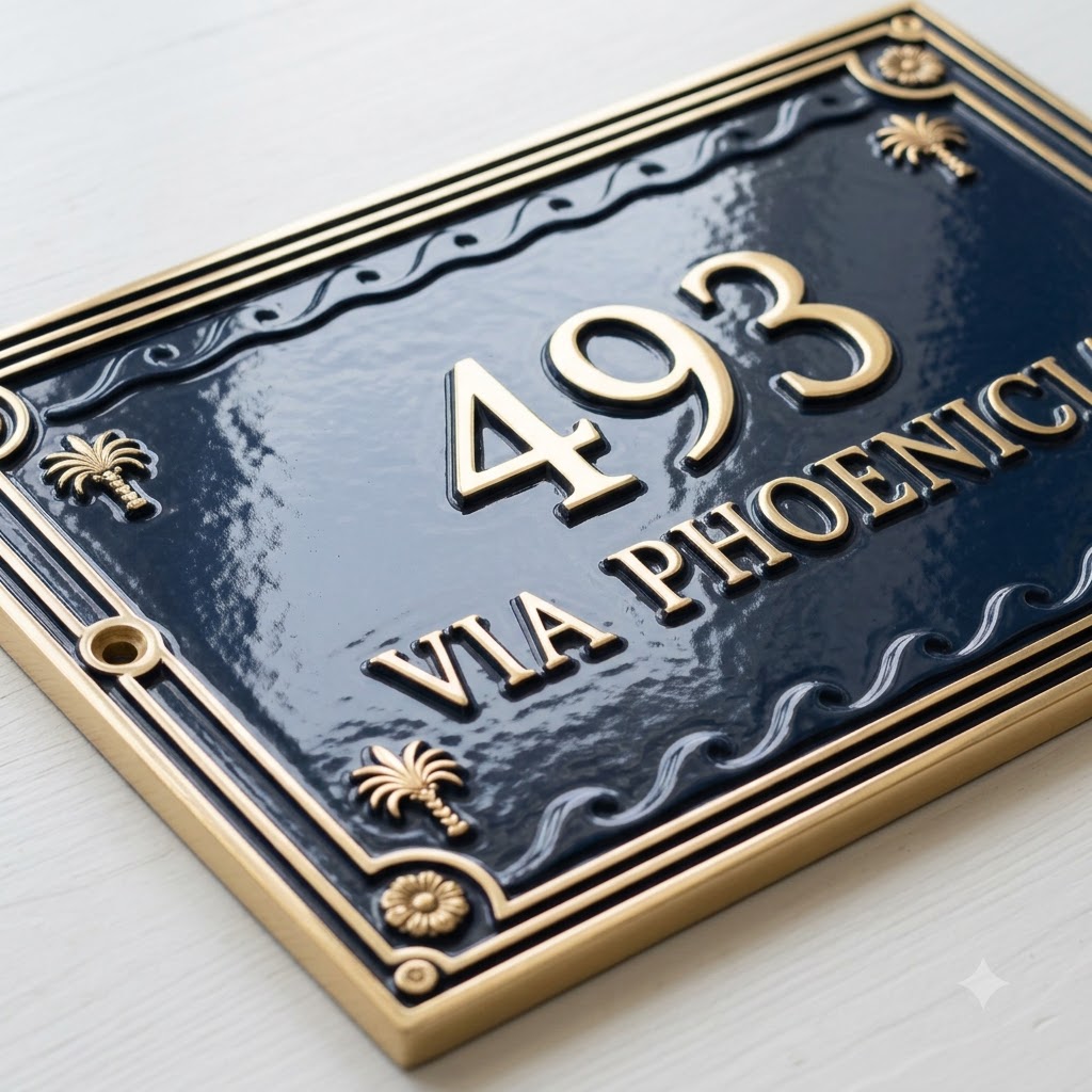 Phoenicia Heritage Hausnummernschild aus Gusseisen – Handgefertigtes, individuelles Hausschild