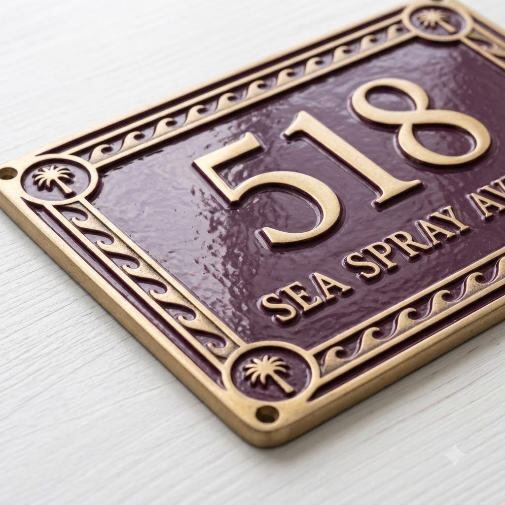 Phoenicia Waves Hausnummernschild aus Aluminiumguss – personalisiertes, handgefertigtes Hausschild