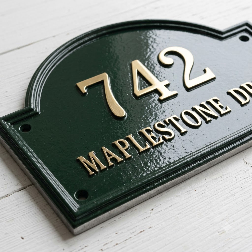 Heritage Arch Hausnummernschild aus Aluminiumguss – Personalisiertes, handgefertigtes Hausschild
