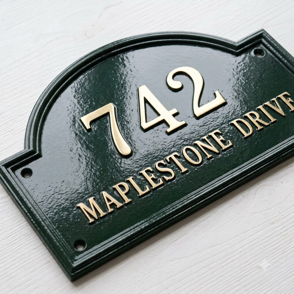 Heritage Arch Hausnummernschild aus Aluminiumguss – Personalisiertes, handgefertigtes Hausschild