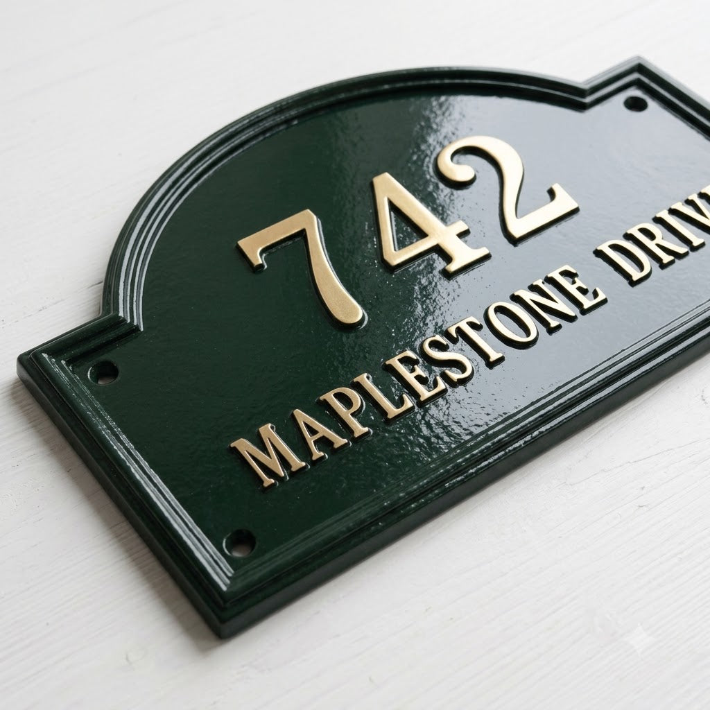 Heritage Arch Hausnummernschild aus Aluminiumguss – Personalisiertes, handgefertigtes Hausschild