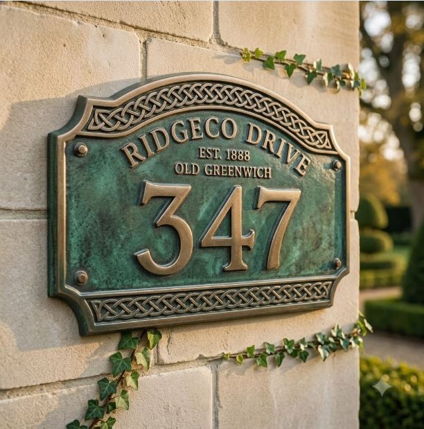 Hausnummernschild aus Aluminiumguss – Traditionelles grünes Adressschild mit erhöhten goldenen Ziffern